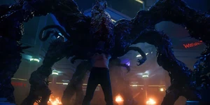 Billy standing his ground as the Mind Flayer angrily goes to grab him with his tentacles.