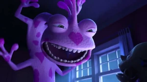 Randall (with the skin of hearts) scare the animatronic child.