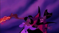 Jafar using his magic to subdue Aladdin as Jasmine watches in horror.