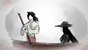 Kintoru riding Kaito's canoe