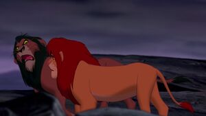 (Simba: No! It was an accident!) "If it weren't for you, Mufasa would still be alive! It's your fault he's dead! Do you deny it?!"