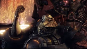Luxaar explaining to the party about humanity's descension from Samaarians.