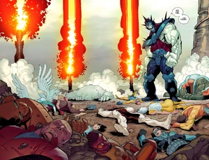 Omnipotus succeeding in defeating the superheroes in his return.