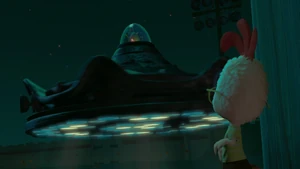 Melvin starting the UFO's engines in order for him and Tina leave Oakey Oaks, to make sure the citizens won't believe they arrived.