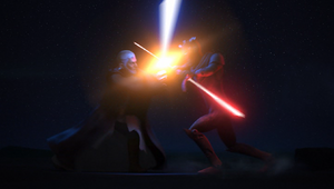 The two combatants clash lightsaber blades.