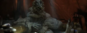 "I'm not decent!" An embarrassed SkekOk trying to hide his naked withered body from Aughra while bathing.