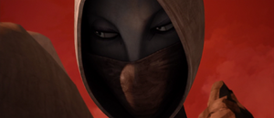 Ventress stands in the middle of the Crucible waiting for the challenge to begin.