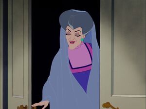 Lady Tremaine coldly and cruelly bidding Cinderella good night, leaving her in tears.