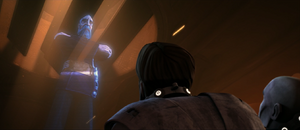 In the control room of the Kadavo facility, Obi-wan and Rex are brought before Keeper Agruss and a hologram of Dooku.