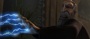 Count Dooku blasts Skywalker with Force lightning.