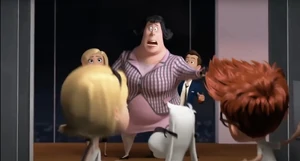 "He's kidnapping the children!" - Grunion panicking and her second breakdown as she tried to prevent Peabody, Sherman and Penny from escaping by running to the elevator before it closes on her.