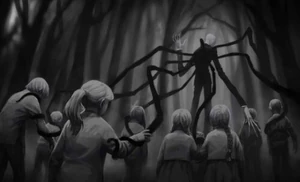 Slender Man gathering a group of children.