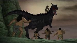The Cavemen attacking Turok and the Carnotaurus.