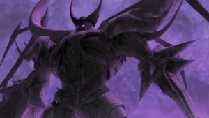 Unicron illuminated with purple light.