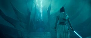 Rey then stood up, with her new courage received from the Jedi before her and activated her lightsaber.