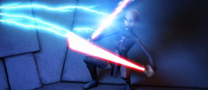 The truce did not last long, however, as the Count attempted to electrocute Ventress, who absorbed the bolts into her lightsaber.