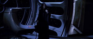 Darth Sidious seeing Darth Vader in his throne room over Endor.