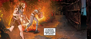 Steve escaping the fat Camp with Greg through the smoke.