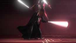Ahsoka jumps around dodging the Sith Lord's lightsaber strikes.