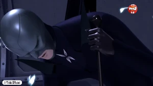 Hawk Moth exhausted after fighting off his security system.