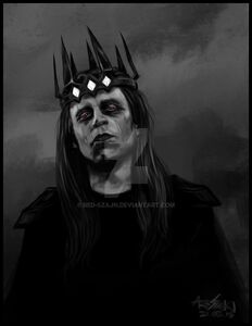 A different depiction of Morgoth. Note how he looks much more humanoid than his other monstrous depictions. Also note the Silmarils in his crown.