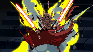 Asajj Ventress blocking an explosion from Anakin.