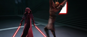 Sidious then toyed with Opress, dodging all of his blows without having his lightsabers ignited, before he started to duel Savage.