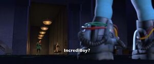 Mr. Incredible and Bomb Voyage seeing Incrediboy in the bank.