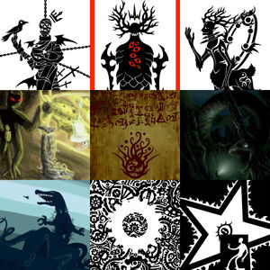 Notable Old Gods from left to right such as: The Hanged King, The Scarlet King, The Deer from Saturn, Jeser, Yaldabaoth, Anantashesha, Tokage-tako, Mekhane, and వ