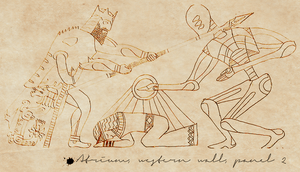 Sketch of a mural depicting Sarrus IX fighting SCP-4812-E.