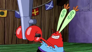 Mr. Krabs' eyes reflect cash.