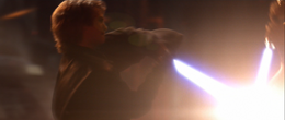 Vader followed suit and jumps at his former master with his own saber ignited.