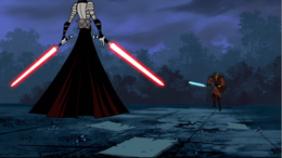 Skywalker follows Ventress to the roof of a Massassi temple.