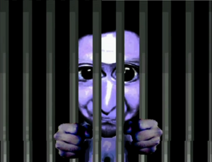 Ao Oni outside of the jail cell.