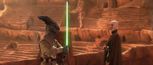 Jedi Master Coleman Trebor reached the balcony and attempted to attack Dooku.