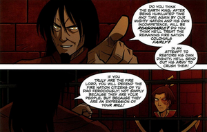 Ozai told Zuko of his belief that Kuei would strike Yu Dao, and that his son should defend the colony ferociously.