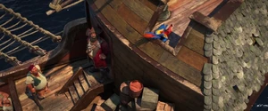 Silver realizing he's being mimicked by Tuesday tricking his crew by ordering them to cease fire on Robinson Crusoe