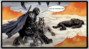 Vagr Modir saved by Templar after killing One of the Dark Covenant Brutes that attacked her.