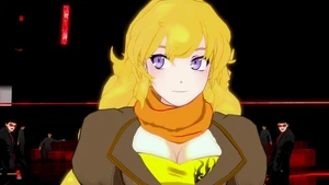 Yang Xiao Long nonchalantly walking by several henchmen.