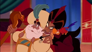 Iago sneering as Jafar hypnotizes the Sultan.