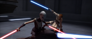 Kenobi and Ventress stumble as the dreadnought was rocked by blaster fire.