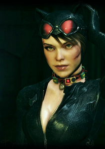 Catwoman's Gotham Story photo, wearing the Riddler's explosive collar around her neck.