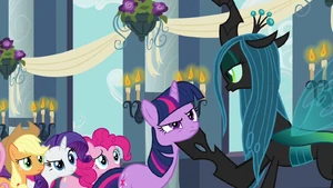 Twilight and Chrysalis truly meeting face to face with no disguise this time. Showing expression that Twilight was right about her the whole time due to her suspicions behavior as Cadance.
