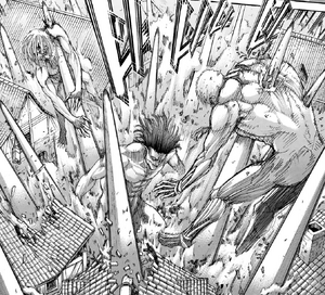 Eren uses the power of the War Hammer Titan to fight the Warriors