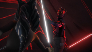 Maul battles Ahsoka telling her that Ezra will soon be his and he cannot be stopped.