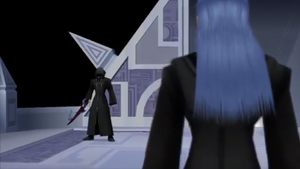 A hooded Riku-Ansem prepares to fight off Saïx.