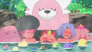 Team Rocket and Bewear in the hot spring