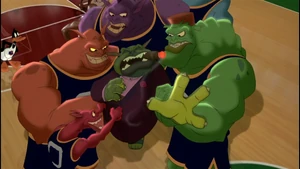 The Monstars furiously seizing Mr. Swackhammer.