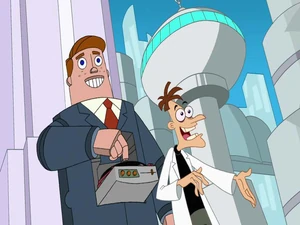 Doofenshmirtz and Norm unveiling their new country, Doofania.