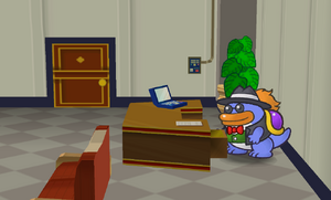 Grubba looking at papers regarding his life-draining machine in secret, foreshadowing his true nature.